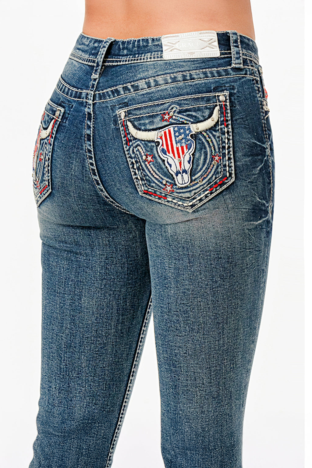 American Steer Head Embellished Bootcut Jeans Grace in LA - Denim