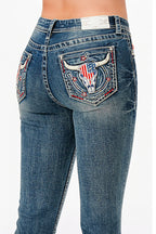 American Steer Head Embellished Bootcut Jeans Grace in LA - Denim