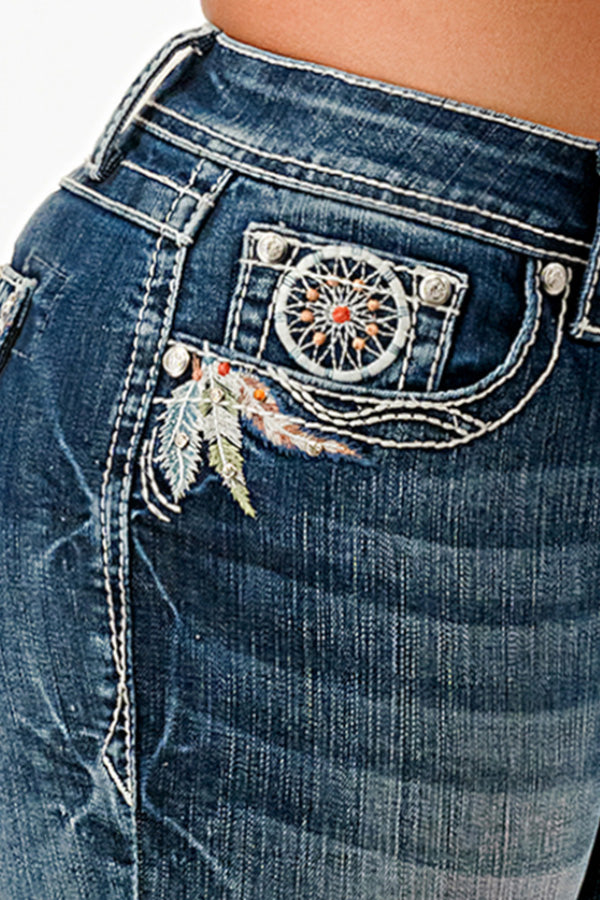 Feather Embroidery Faux Flap  Bootcut Jeans
