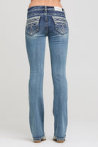 Grace in LA women's medium wash bootcut jeans in a slim western silhouette with embroidery detailing