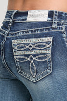 Grace in LA women's medium wash mid-rise bootcut jeans, front-facing view with western embroidery detailing