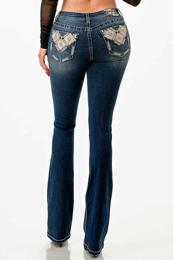 Aztec Embroidery Mid Rise  Bootcut Jeans