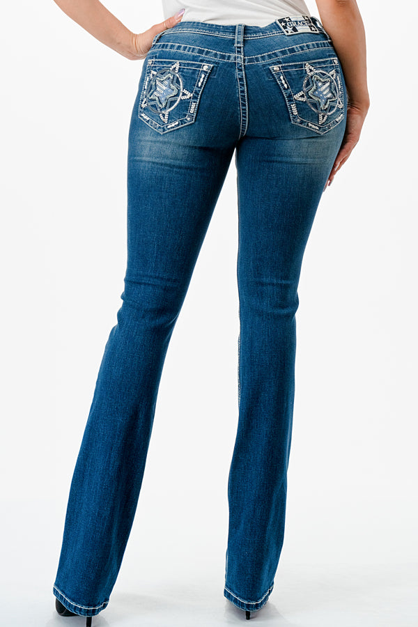 Star Embroidery Mid Rise  Bootcut Jeans