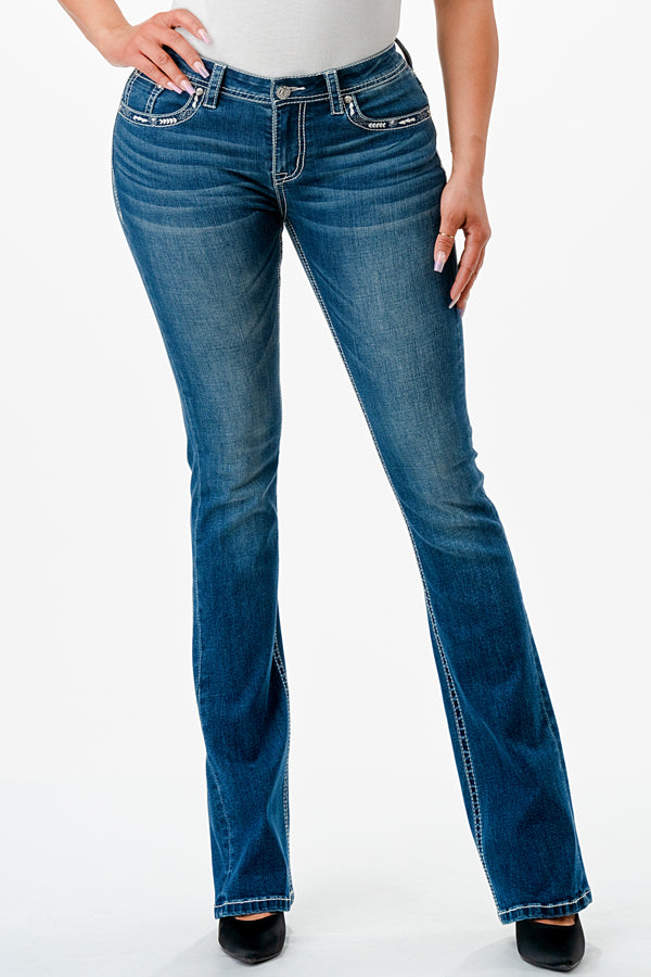 Star Embroidery Mid Rise  Bootcut Jeans