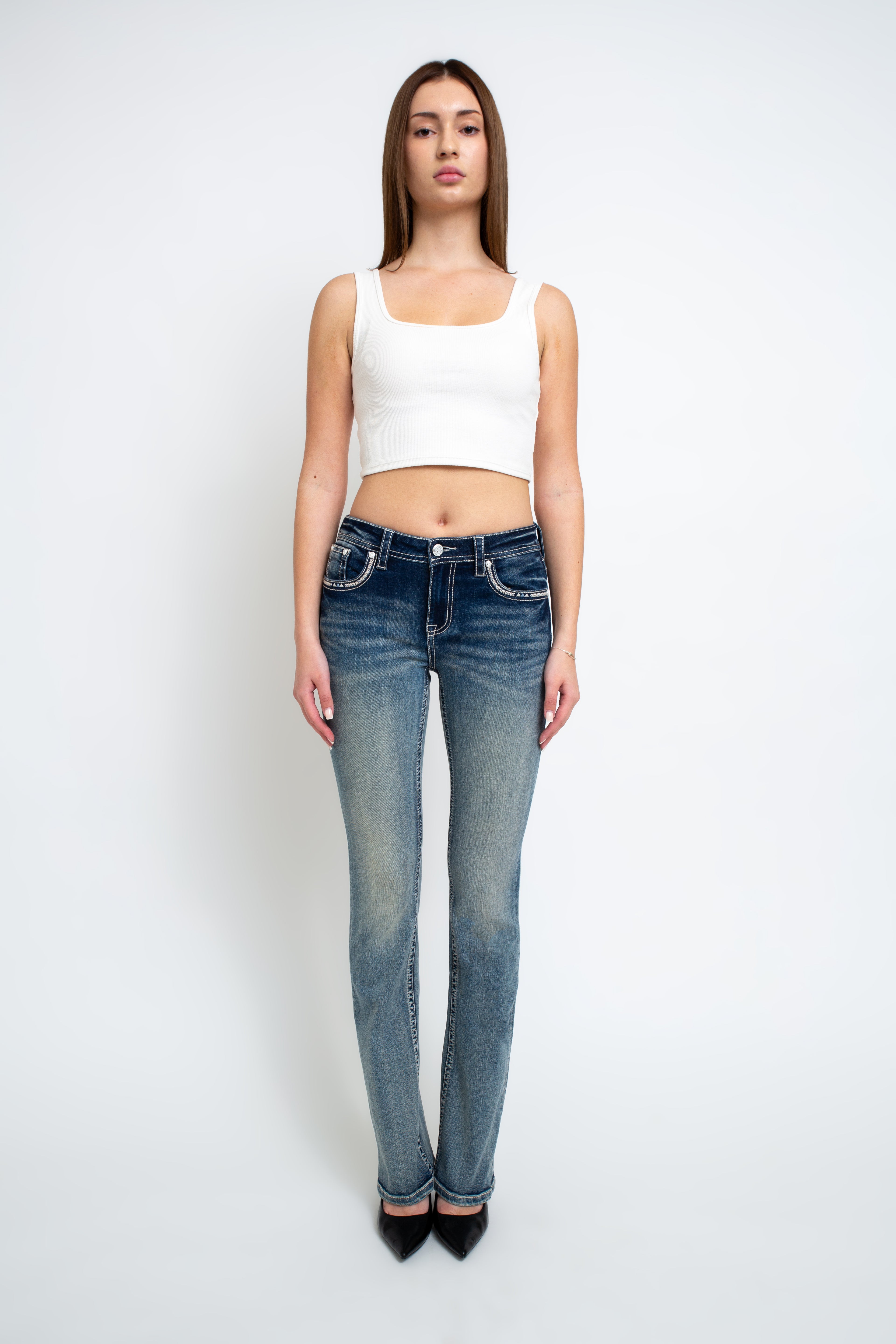 Eagle Detail Mid Rise Bootcut Embellished Jeans