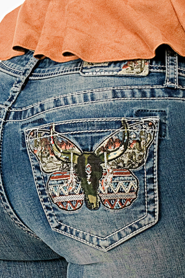 Longhorn /Camo Americana Trims  Mid Rise Bootcut Jeans