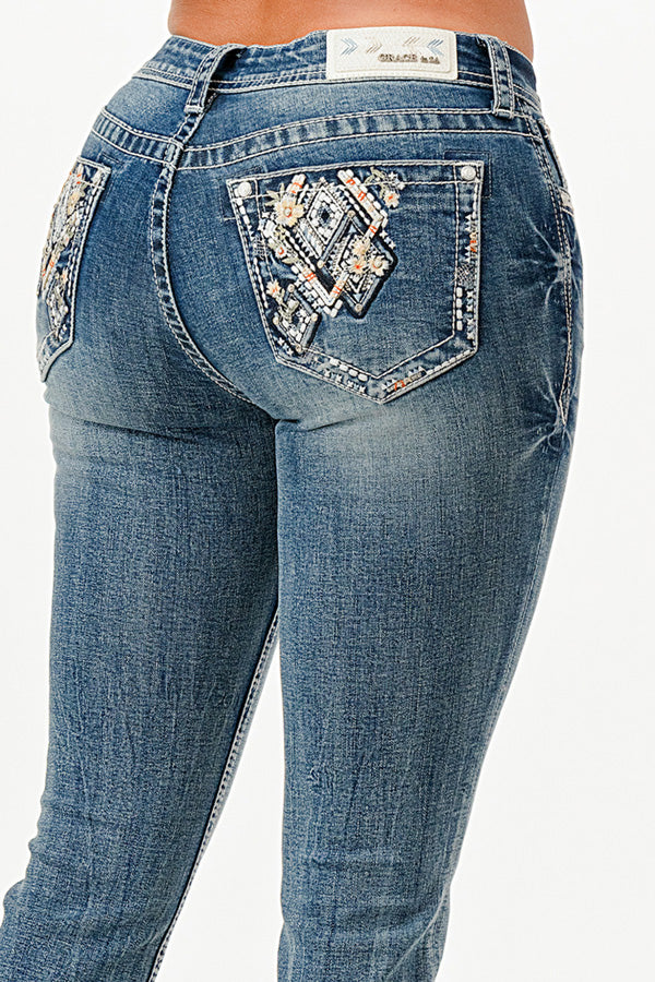 Floral Diamonds Mid Rise Bootcut Jeans
