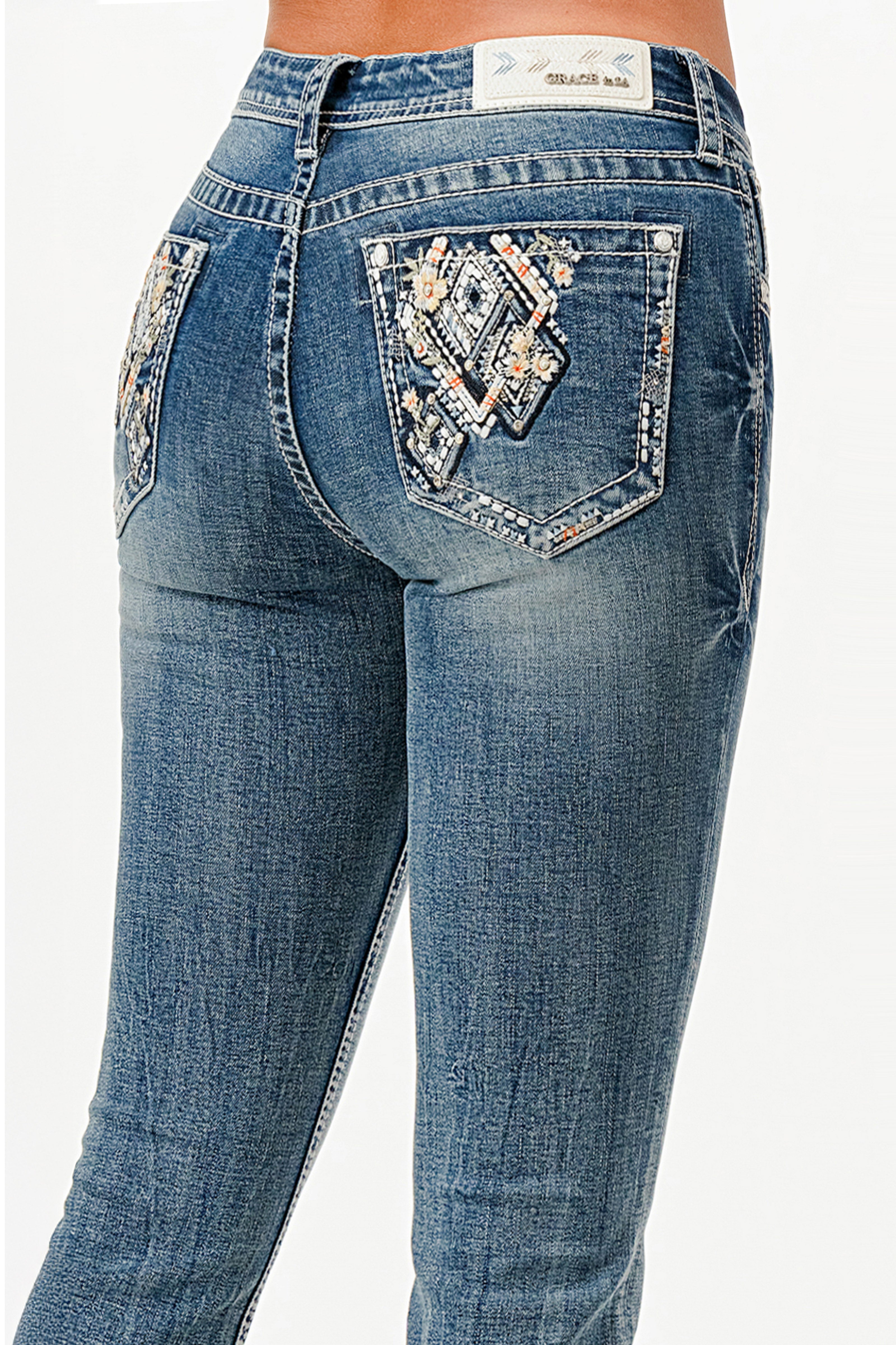 Floral Diamonds Mid Rise Bootcut Jeans Grace in LA - Denim
