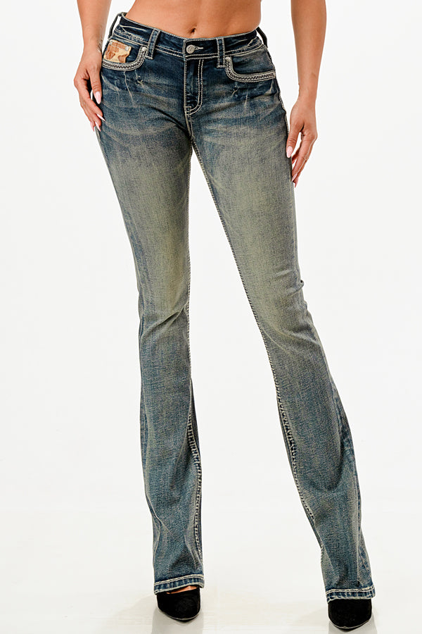 Cowhide Western Mid Rise Bootcut Jeans