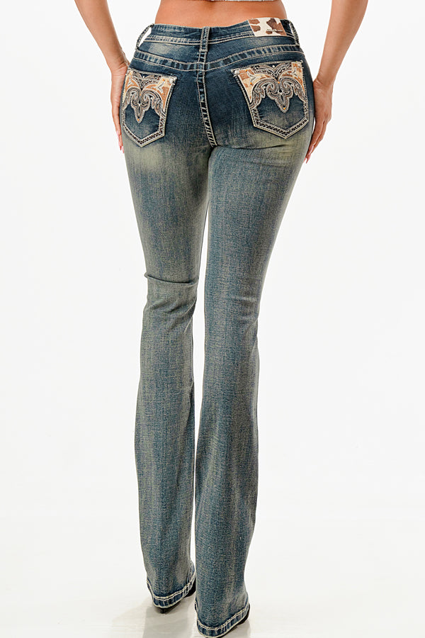 Cowhide Western Mid Rise Bootcut Jeans