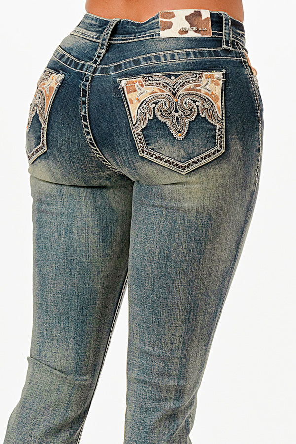 【Grace U】25SS★ Naya Bootscut Denim (S,M,L) Grace In LA Women's Dark Wash Geo Print Embroidered Mid Rise