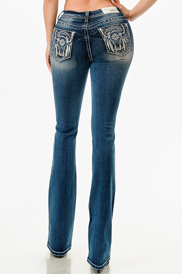 Steer Head Embroidery Mid Rise Embellished Women's Bootcut Jeans