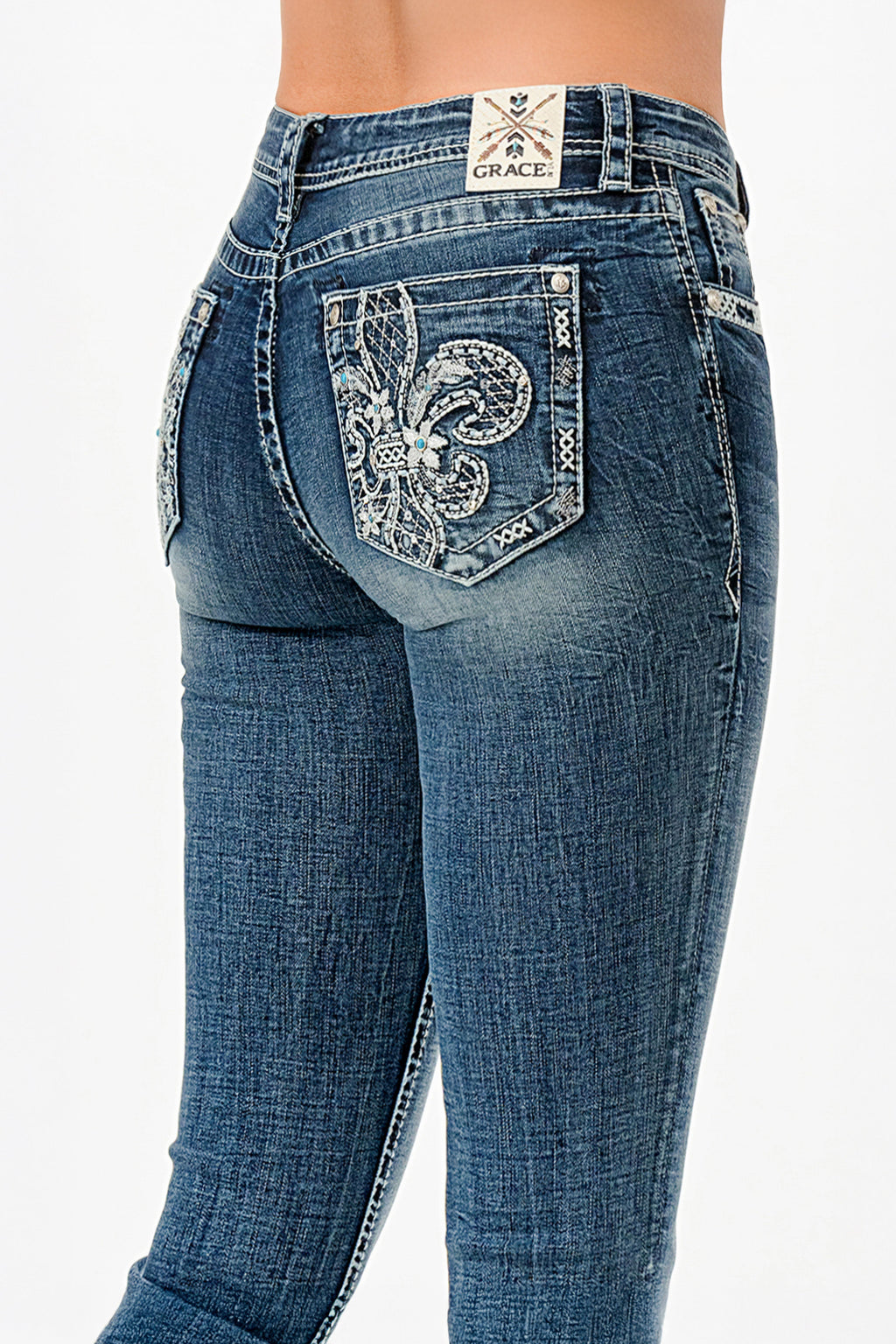 Flu De Lee Embellished Mid Rise Bootcut Jeans Grace in LA