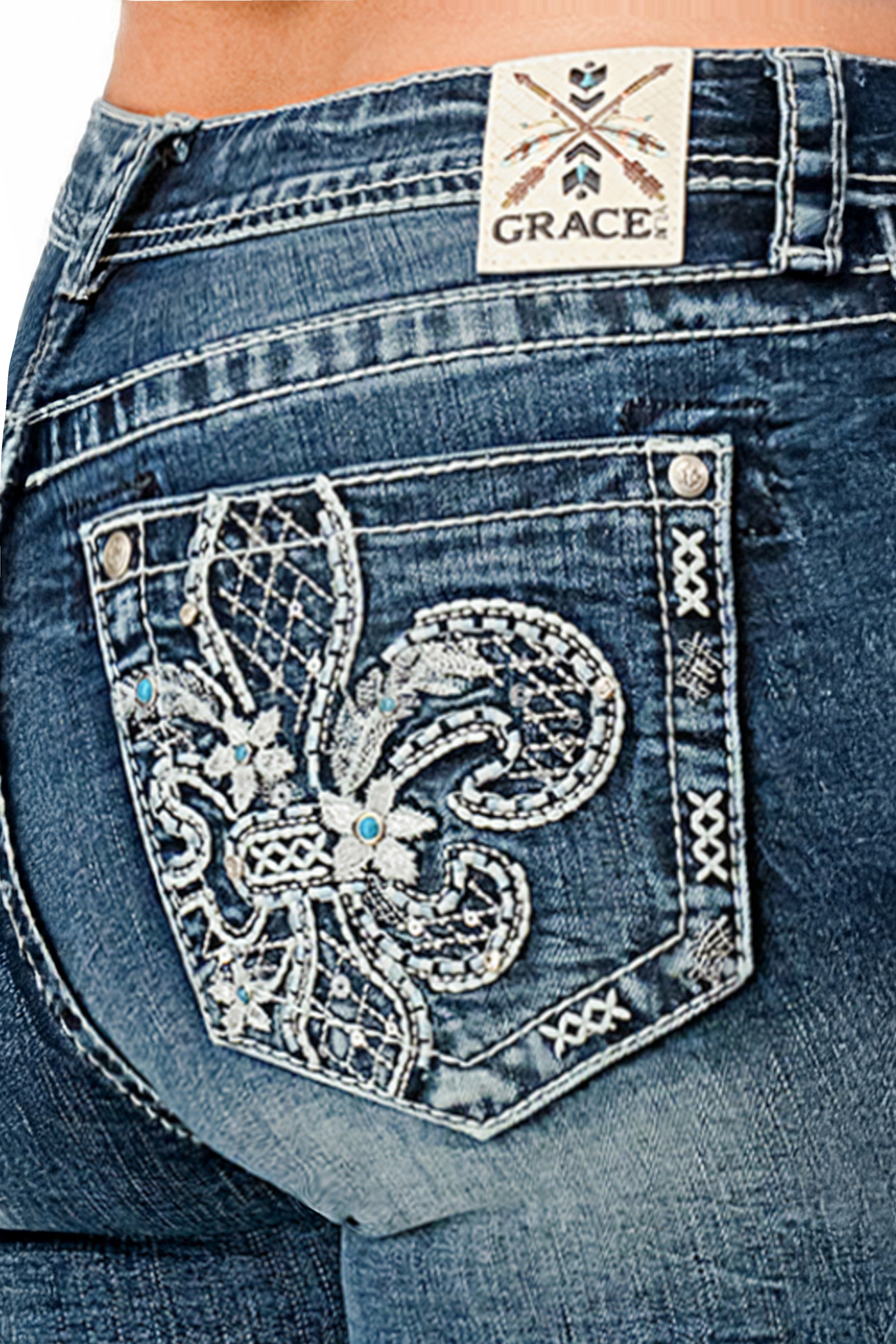 Flu De Lee Embellished Mid Rise Bootcut Jeans Grace in LA