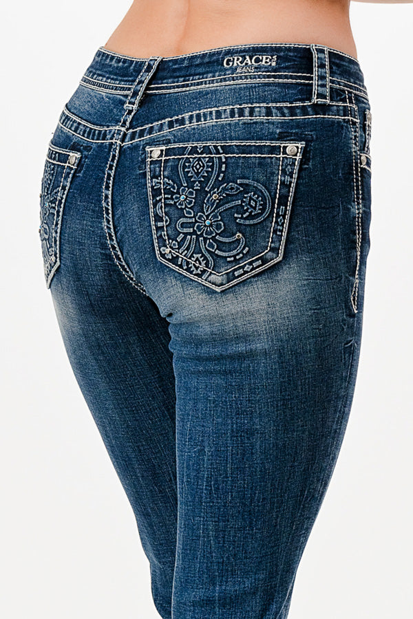 Flu De Lee 3D Mid Rise Bootcut Rhinestone Jeans