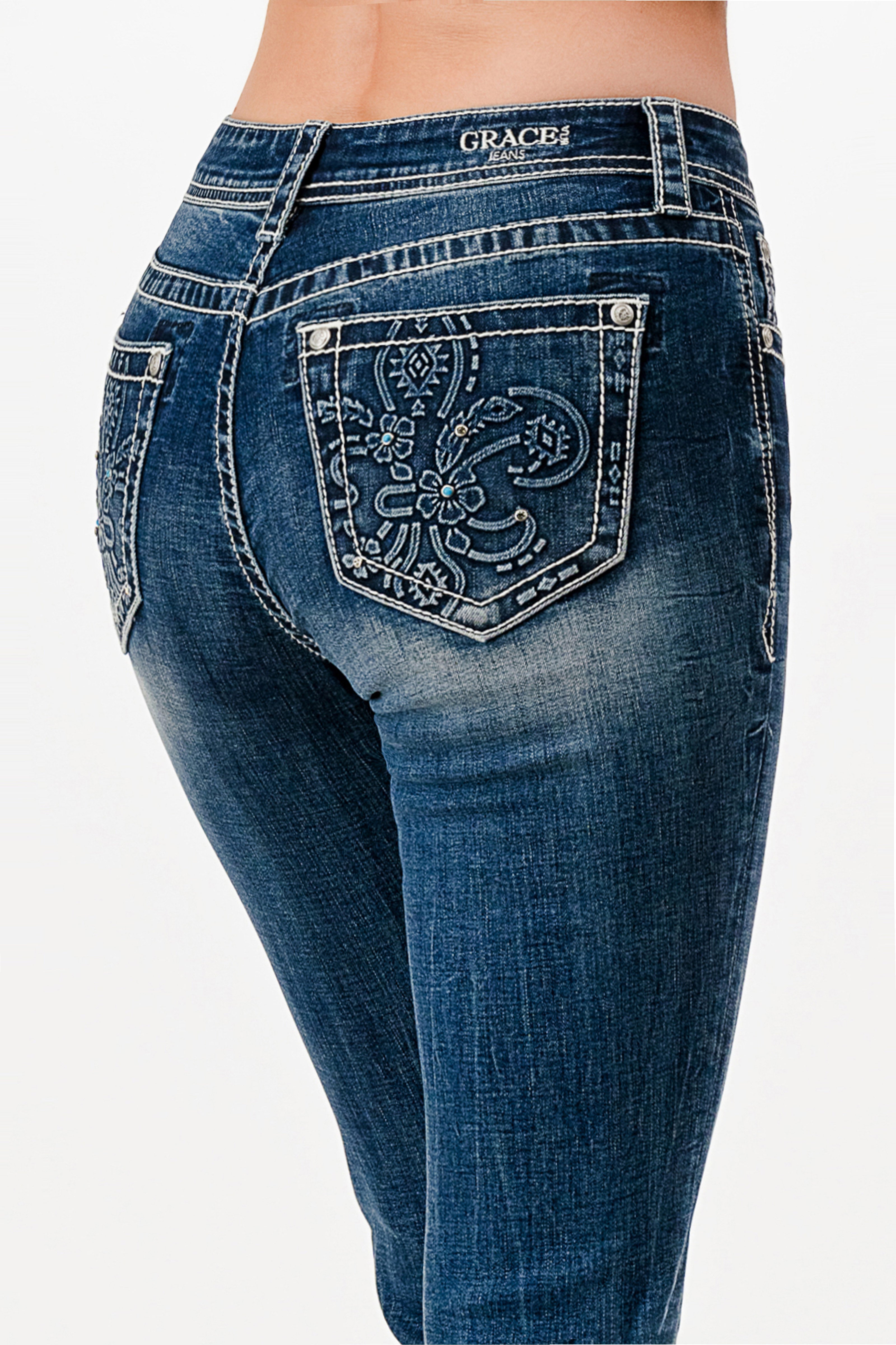Flu De Lee 3D Mid Rise Bootcut Rhinestone Jeans Grace in LA - Denim
