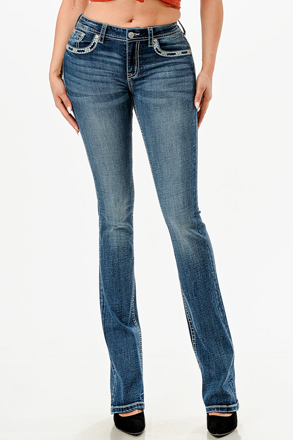 Flu De Lee Embellished Mid Rise Bootcut Jeans Grace in LA