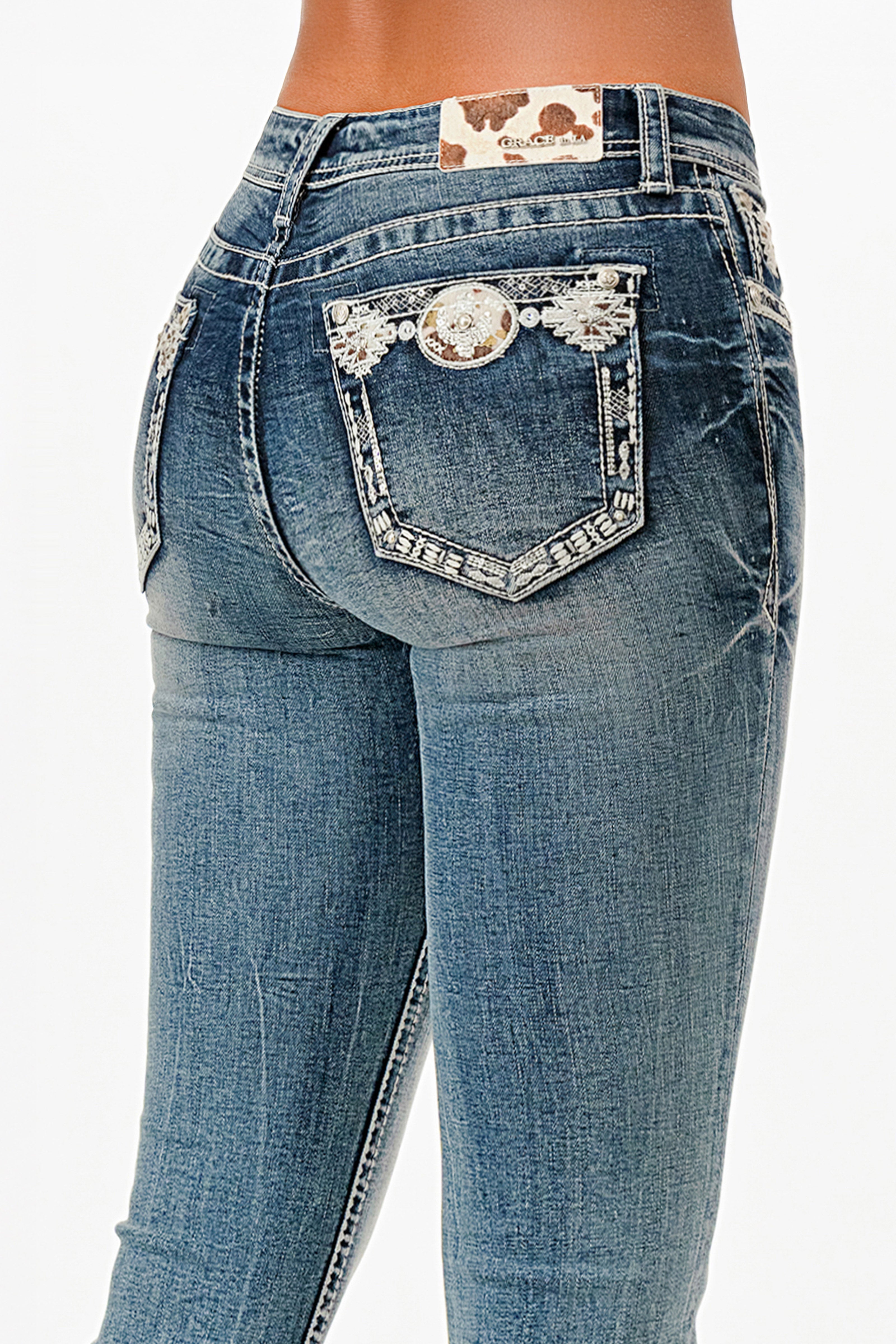 Western Concho Belt Mid Rise Embellished Jeans Grace in LA - Denim