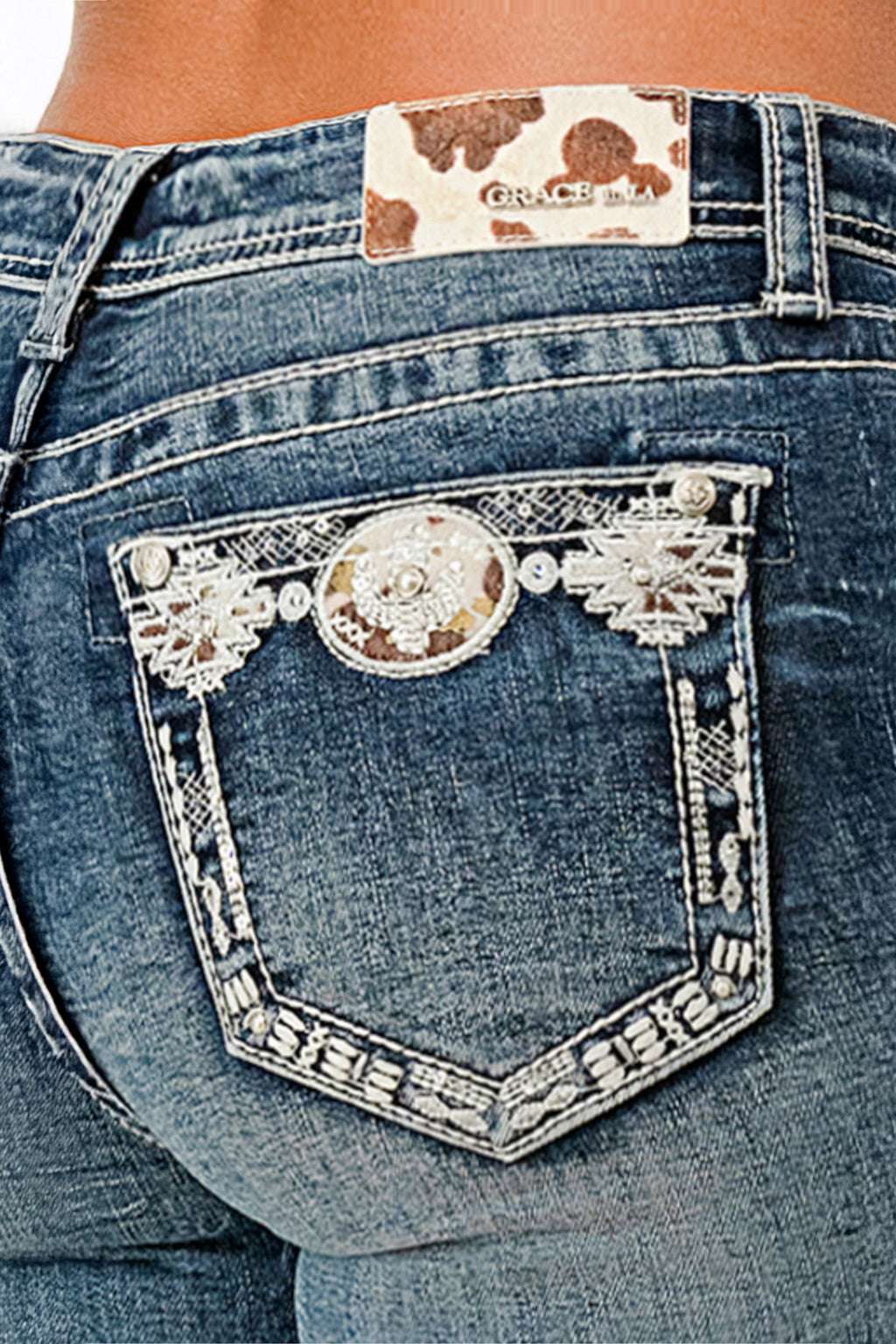 Western Concho Belt Mid Rise Embellished Jeans Grace in LA - Denim