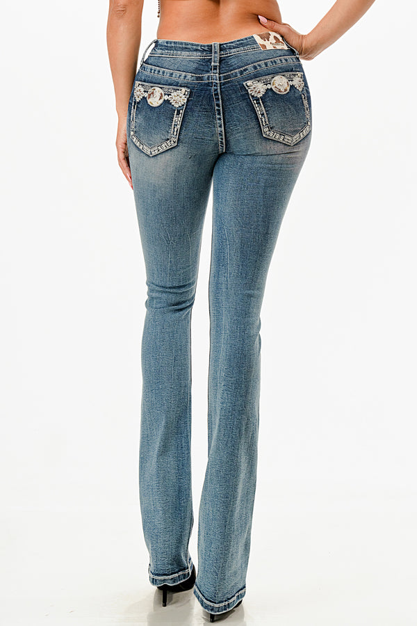 Western Concho Belt Mid Rise Embellished Jeans