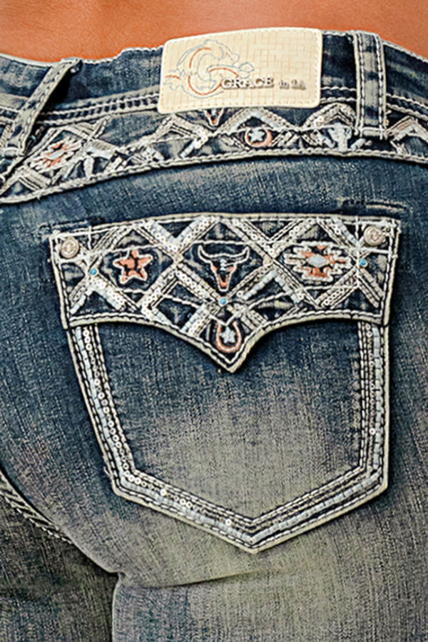 Grace in LA rhinestone embellished and western embroidered jeans back pocket detail.
