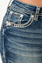 Grace in LA womens bootcut jeans close-up featuring white desert-inspired embroidery and floral accents on the front hip pocket.