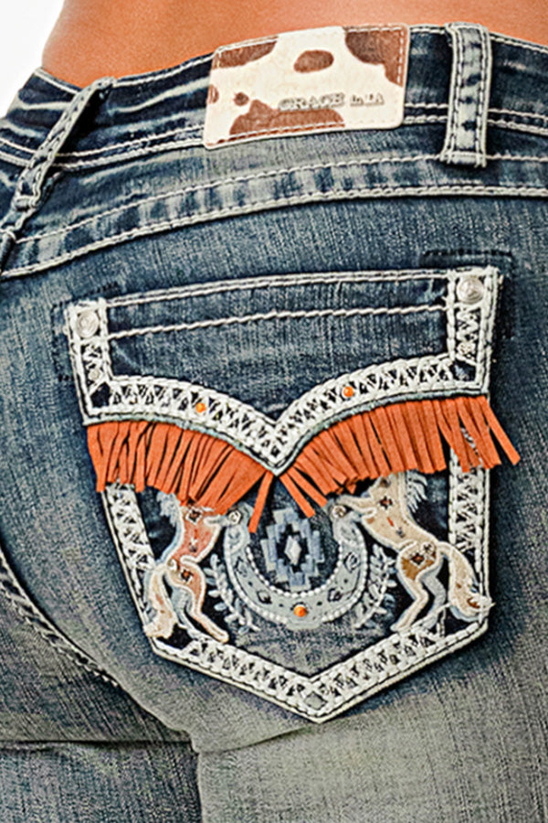 Tassel Trim Faux Flap Mid Rise Embellished Bootcut Jeans