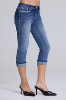 Grace in LA women's medium wash capri jeans back pocket detail featuring intricate geometric embroidery and crystal rhinestones
