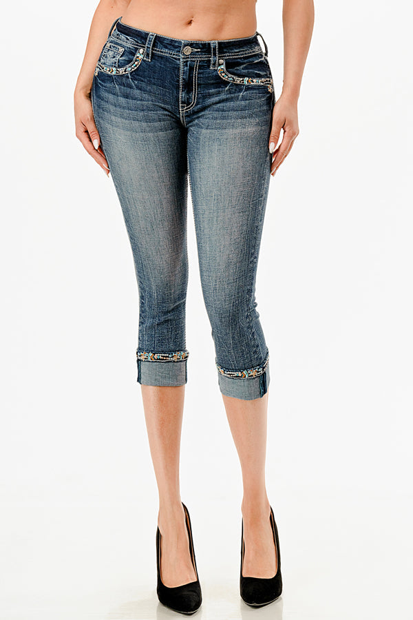 Cattle Feather Embellished Mid Rise Capri Jeans Grace in LA - Denim