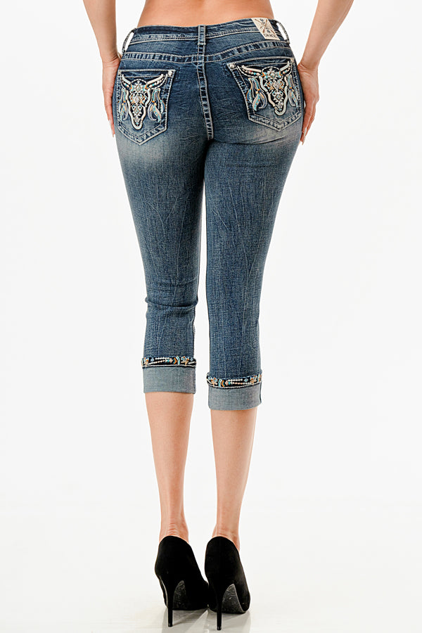 Cattle Feather Embellished Mid Rise Capri Jeans Grace in LA - Denim