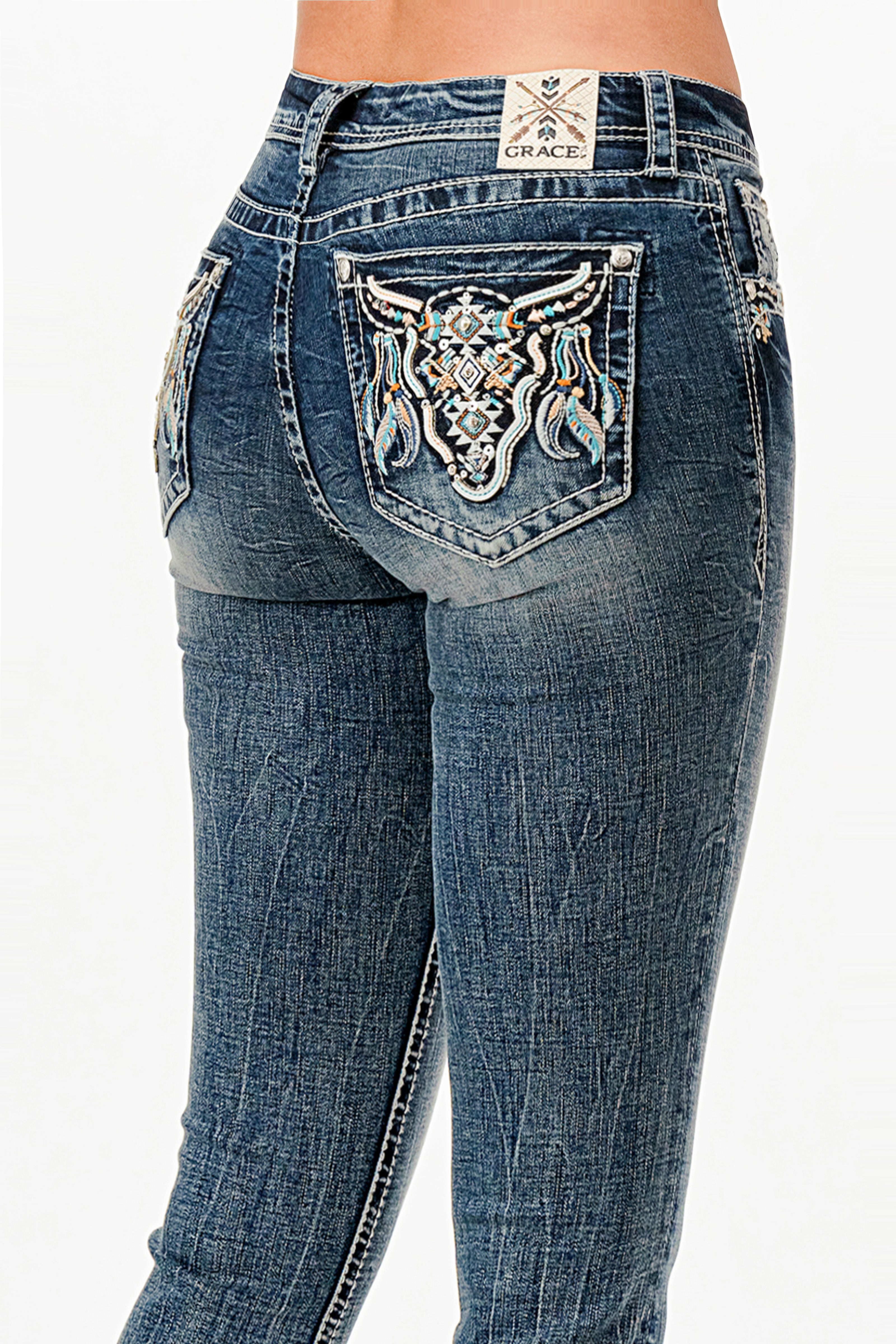 Cattle Feather Embellished Mid Rise Capri Jeans
