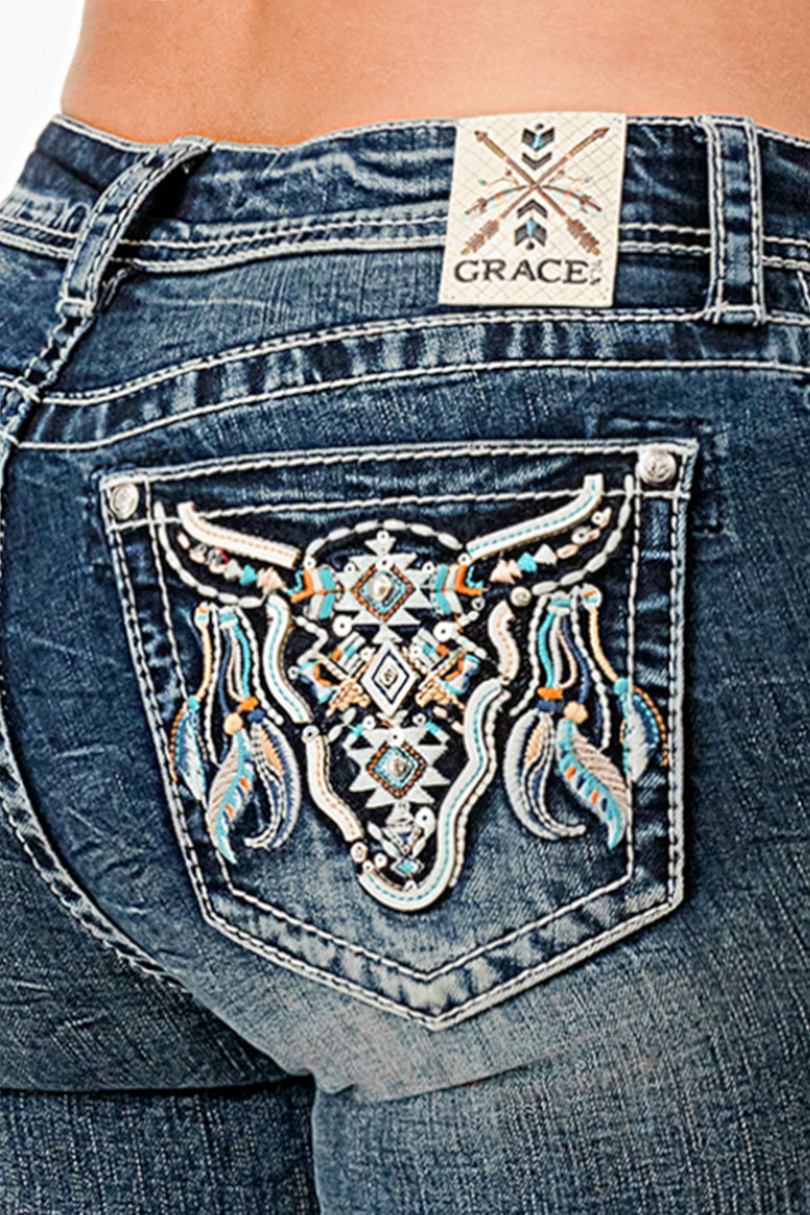 Cattle Feather Embellished Mid Rise Capri Jeans