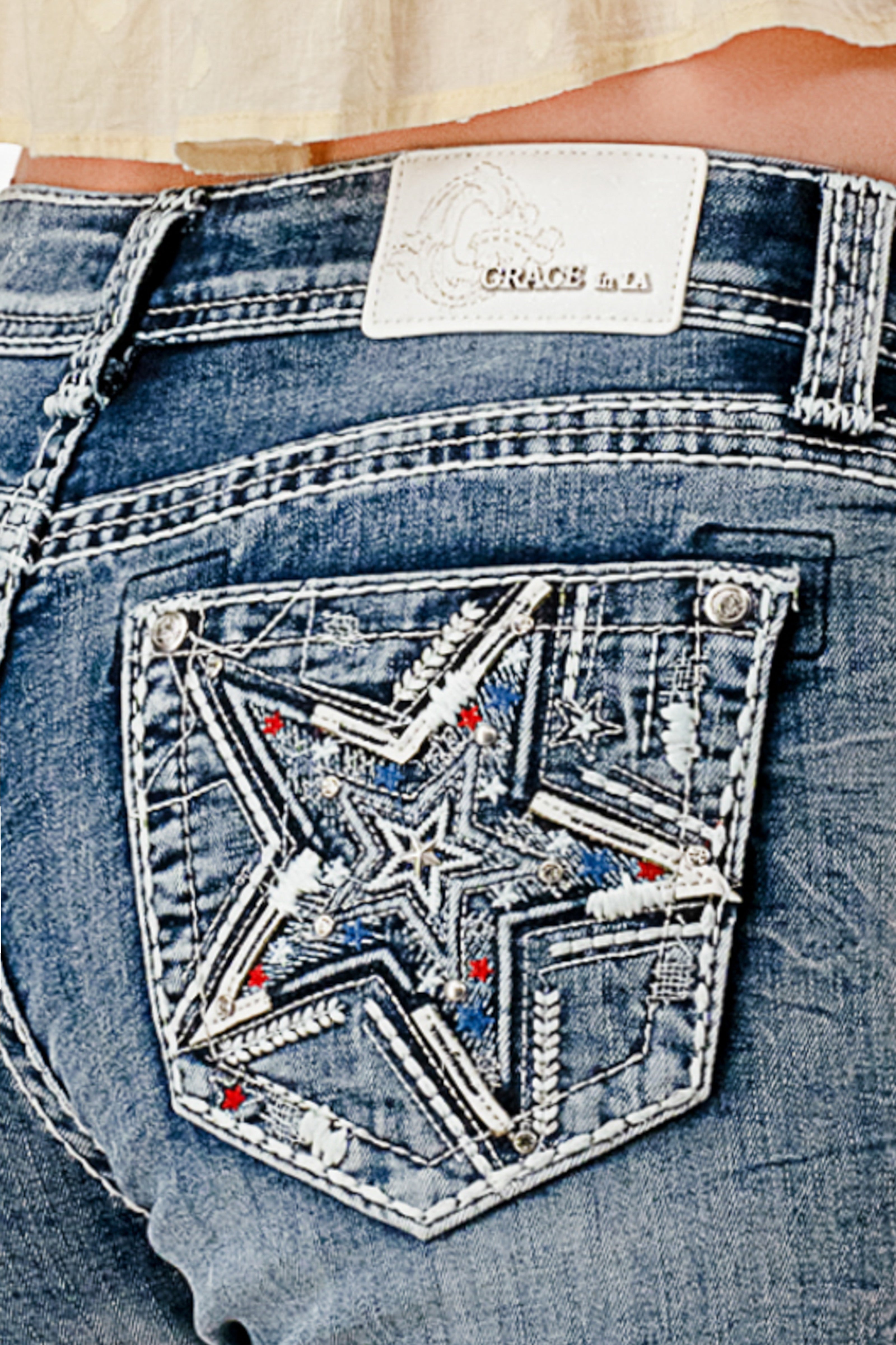 Shooting Star Mid Rise Embroidered Denim Shorts