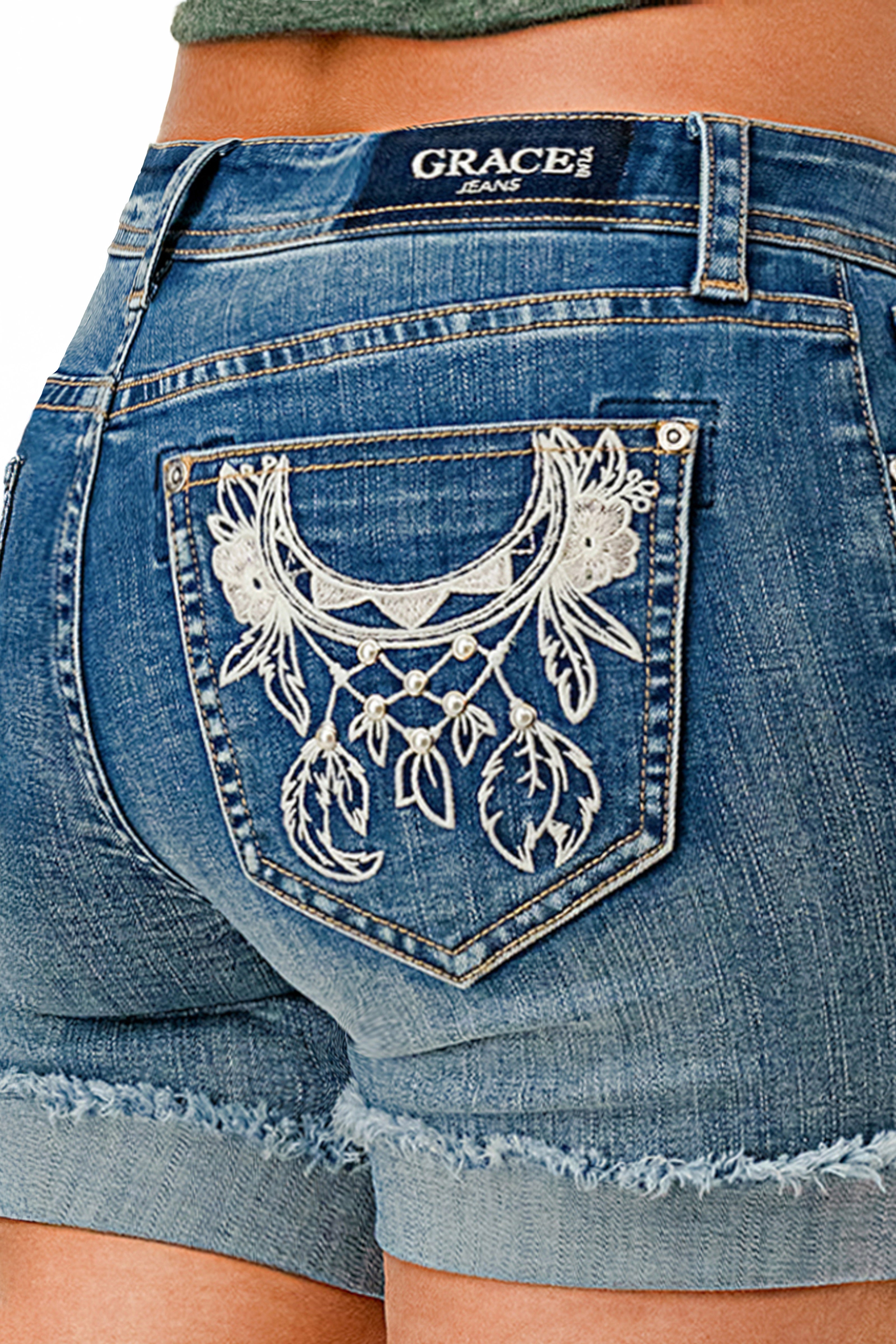 Dreamcatcher w/ Rhinestone Pockets Mid Rise Jean Shorts Grace in LA - Denim
