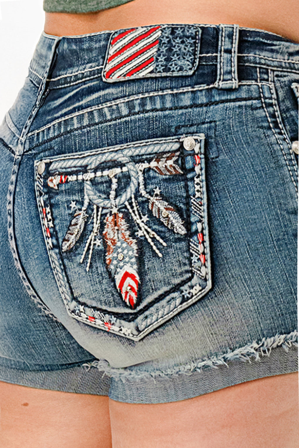 American Feathers Embroidered Mid Rise Denim Shorts Grace in LA - Denim