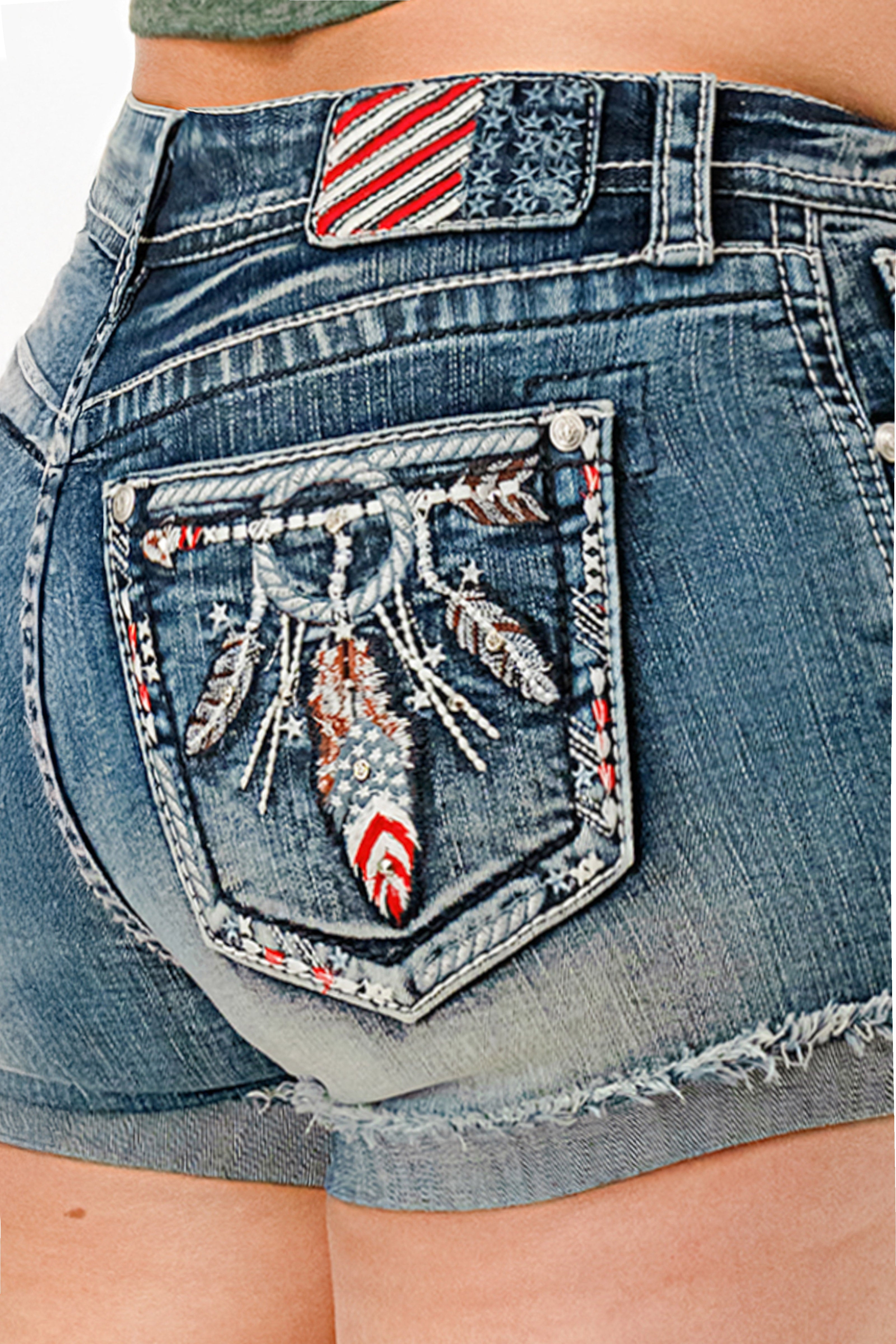 American Feathers Embroidered Mid Rise Denim Shorts Grace in LA - Denim