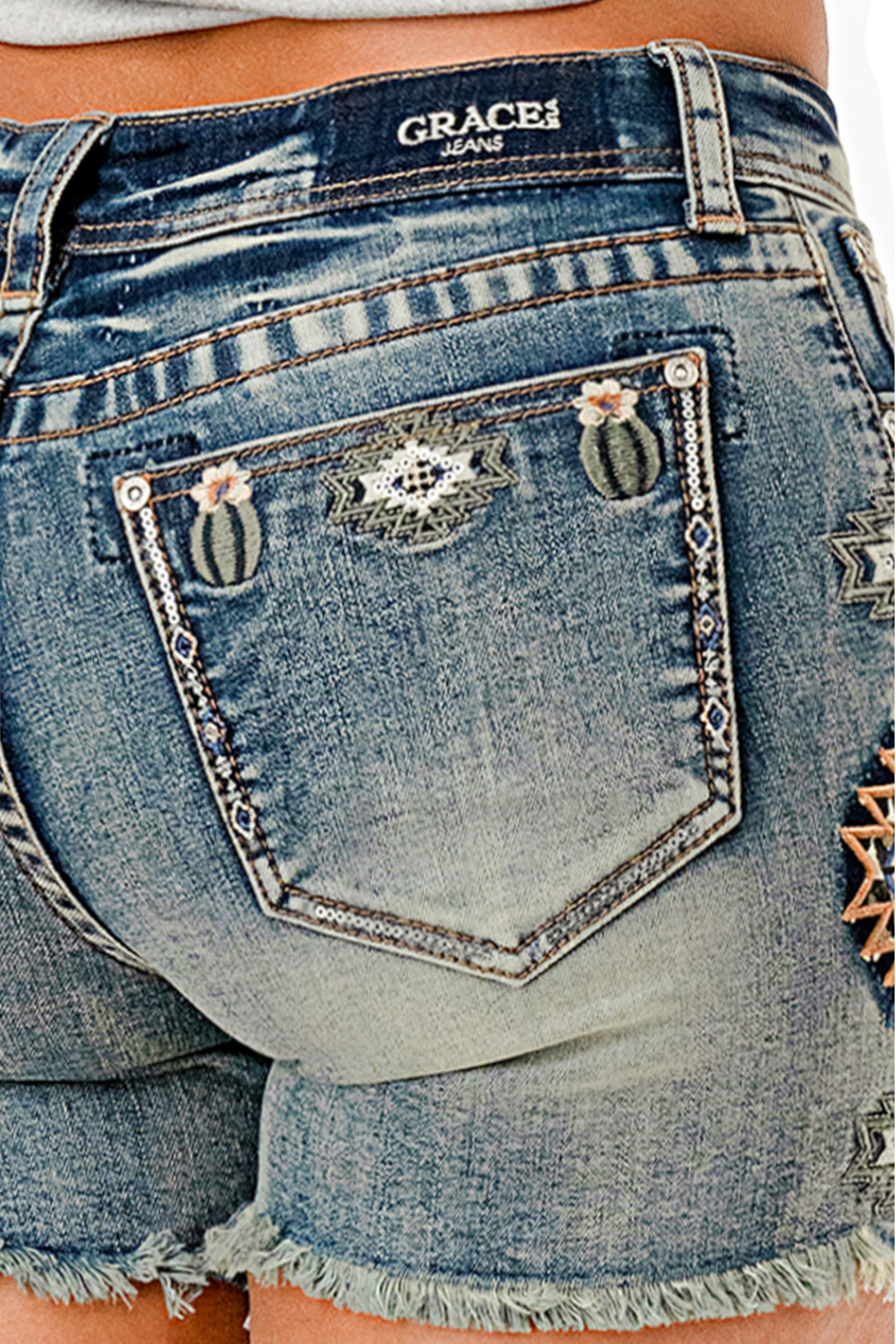 Cactus Floral Mid Rise Embroidered Denim Shorts