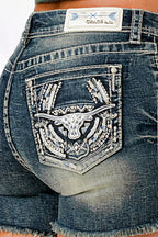 Steer Head Embellished Mid Rise Denim Shorts
