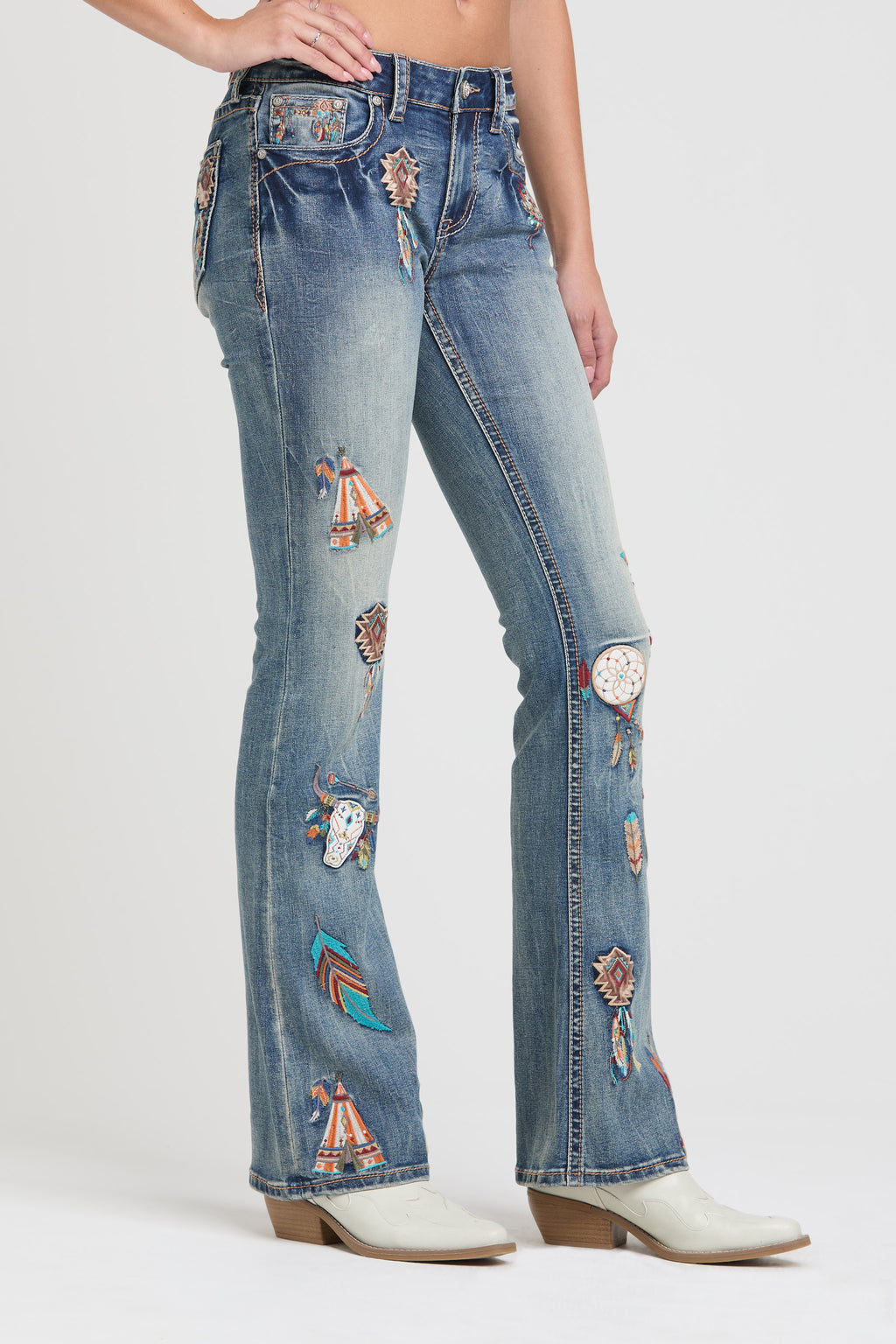American Indian Dreamcatcher & Arrows Embroidered Mid-Rise Flare Jeans