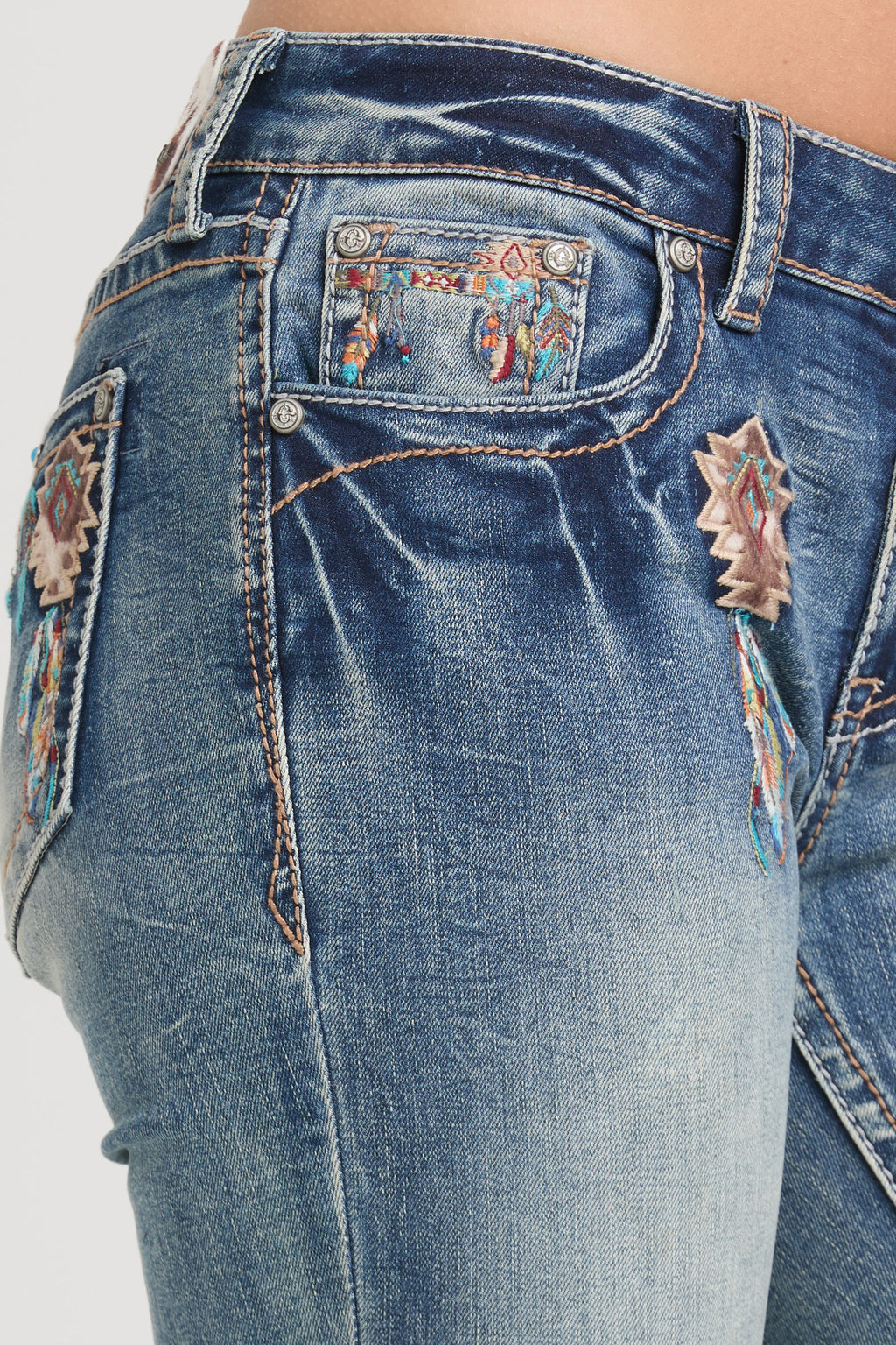 American Indian Dreamcatcher & Arrows Embroidered Mid-Rise Flare Jeans