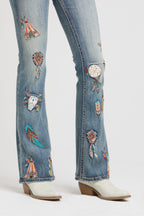 American Indian Dreamcatcher & Arrows Embroidered  Flare Jeans