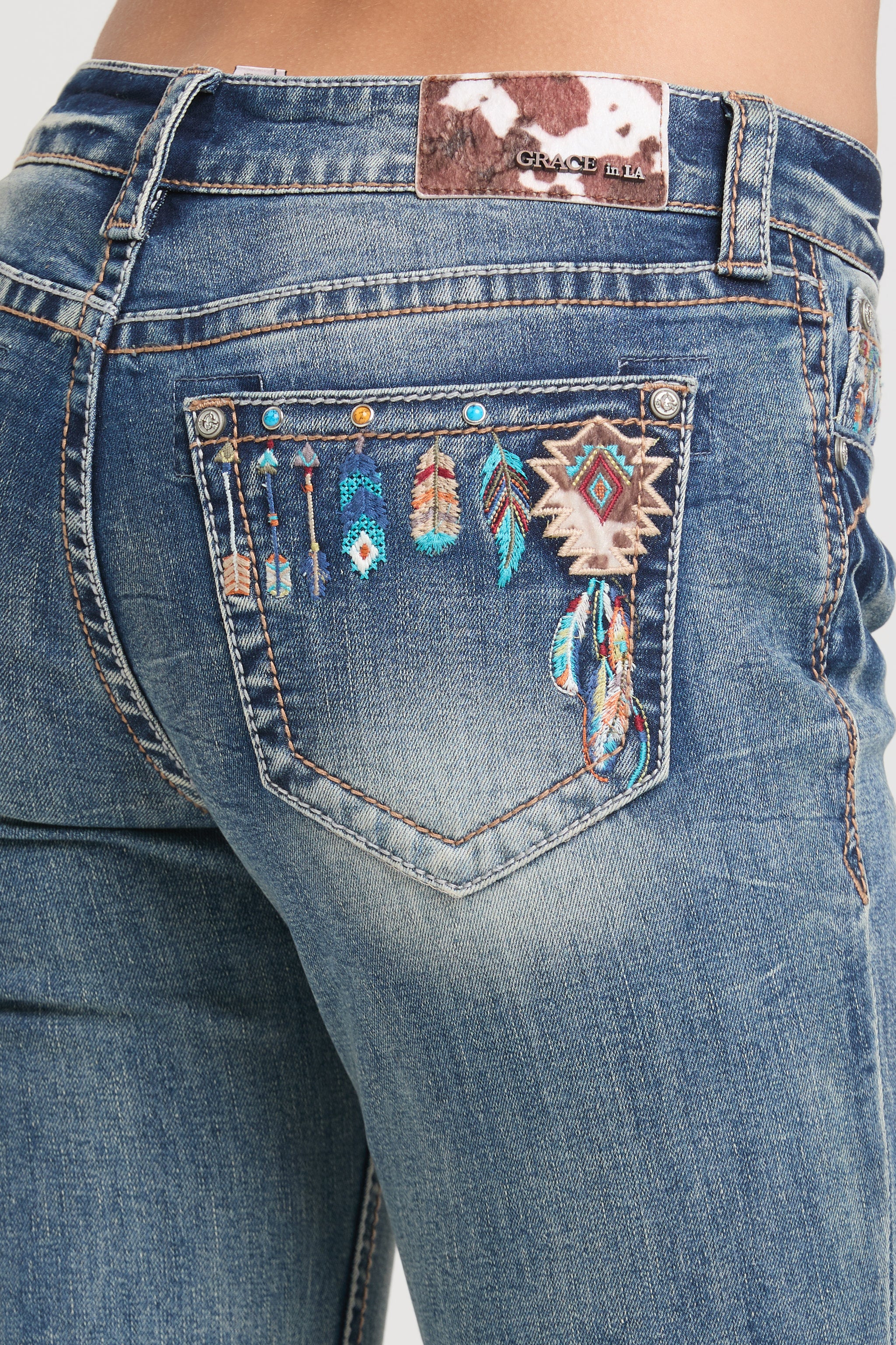 American Indian Dreamcatcher & Arrows Embroidered Mid-Rise Flare Jeans