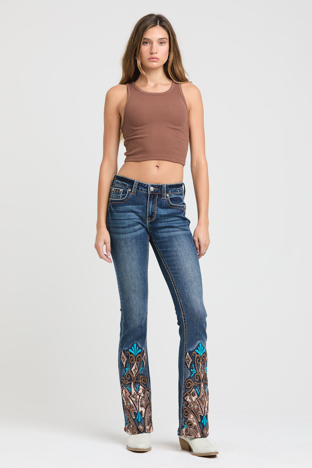 Western Embroidery Hem Detail Flare Jeans