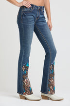 Western Embroidery Hem Detail Flare Jeans
