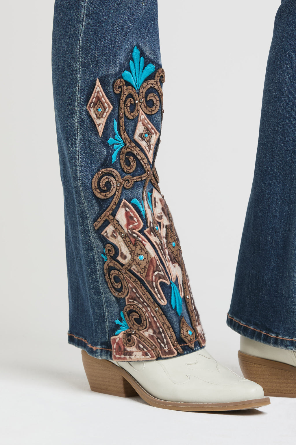 Western Embroidery Hem Detail Flare Jeans