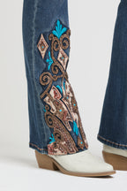 Western Embroidery Hem Detail Flare Jeans