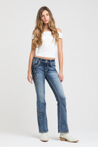 Grace in LA womens bootcut jeans featuring western embroidered stitching along the side and bottom hem.