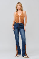 Grace in LA women's medium wash bootcut jeans styled with a fitted silhouette and western-inspired detailing