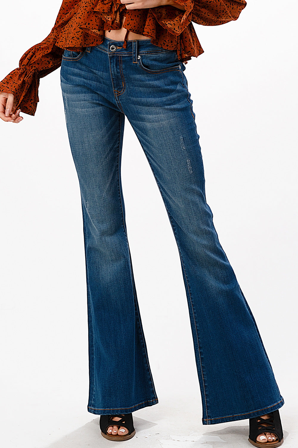 Basic 5 Pockets Med Blue Mid-Rise Flare Jeans