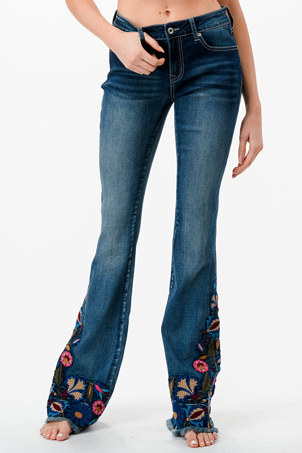 Flare Embroidery Hems Mid-Rise Flare Jeans